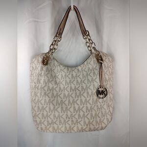 SOLD!Michael Kors Shoulder Bag Cream Color Signature MK Gold Color Chain Leather